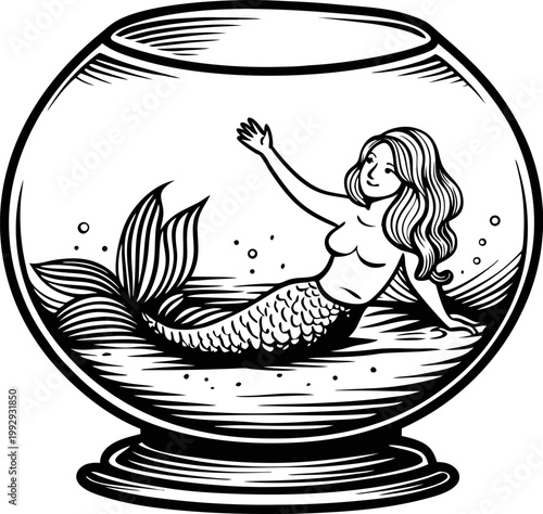 Mermaid inside a round fishbowl waving with flowing hair and detailed tail scales in water