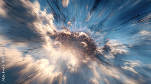 Dynamic motion blur sky with fast clouds, abstract zoom effect in blue atmosphere, cinematic speed burst background for travel