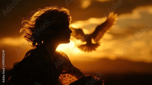 Cinematic silhouette of a woman with a flying bird at sunset, golden hour profile portrait, symbolic peace and freedom concept