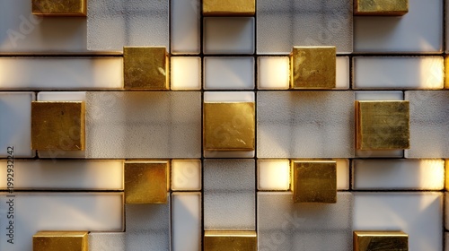 Luxury geometric wall art with gold cubes and white marble tiles. Modern architectural interior design. Elegant textured background.