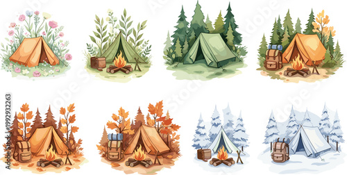 Seasonal Camping Collection Vector Illustration Featuring Tents Campfire Backpack and Nature Scenes Across Spring Summer Autumn and Winter Outdoors