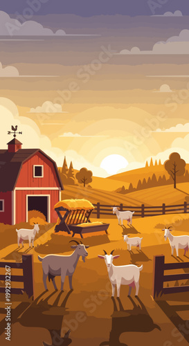 Farm scene vector illustration with goats grazing near barn at sunset, rural landscape with rolling hills and golden light, idyllic countryside setting for agricultural themes.