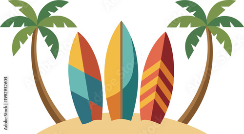 Palm trees with surfing boards. Surfing club graphic evoking a surf vibe with colorful surfboards. Beach illustration