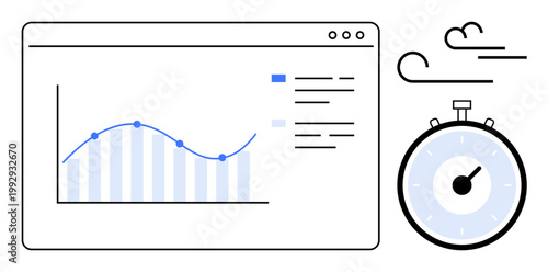Data management, business performance, analytics, time tracking, workflow efficiency, speed. A graph on a computer screen with a stopwatch and speed lines. Data management and time tracking concept