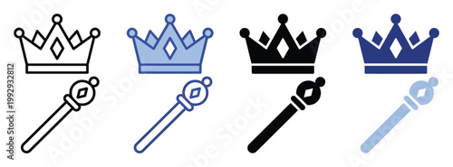 Collection of royal crown and scepter icons in various styles perfect for majestic applications and regal digital media