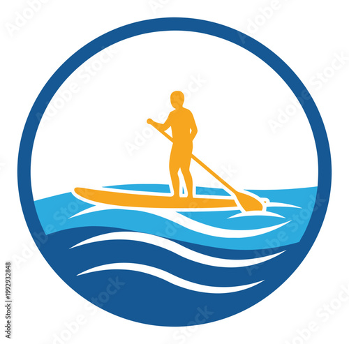 Stand up paddleboarding person on water waves in a blue circle icon graphic for aquatic sports activities branding
