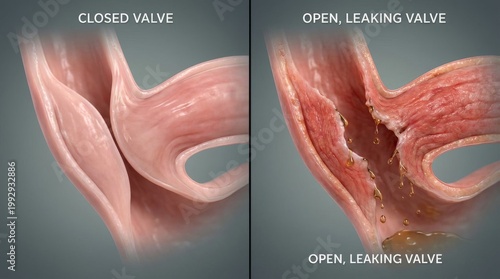 Medical illustration comparing healthy closed esophageal sphincter valve with open leaking valve showing acid reflux and GERD condition in realistic 3D anatomy