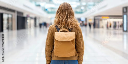  person with curly hair and a brown backpack walks through a bright, empty indoor shopping mall.