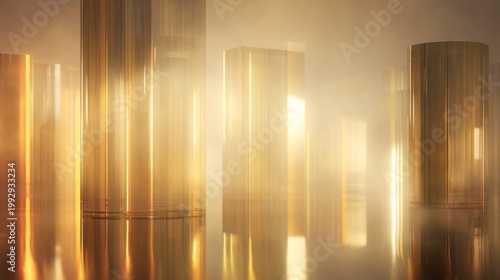 Golden abstract pillars with glowing light effects, luxury metallic background with soft bokeh, elegant vertical geometric shapes in warm yellow tones