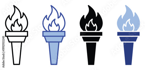 Torch flame icon set representing power, ambition, and victory, perfect for sports events, awards, or energy concepts
