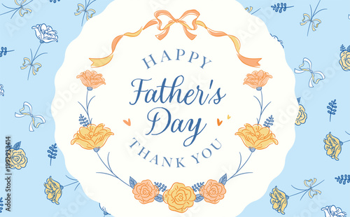 父の日の黄色のバラの花とリボンのシンプル円形フレーム_ナチュラルなタイトル・バナーに