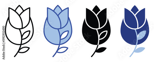 Simple graphic tulip flower icons in outline and solid fill styles useful for springtime nature designs and applications