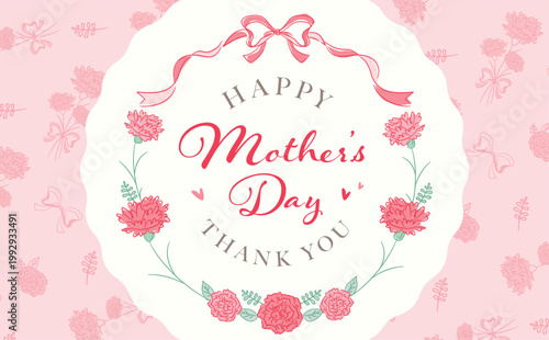 母の日のカーネーションの花とリボンのナチュラルな円形フレーム背景_シンプルなギフトタイトルなどに