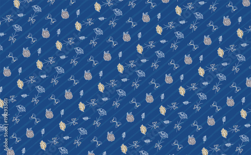 父の日のリボンとバラの花柄のラフなパターン背景素材_青色