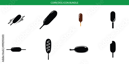 Corn Dog Silhouette Set – Black Solid Food Icons Collection Isolated on White Background
