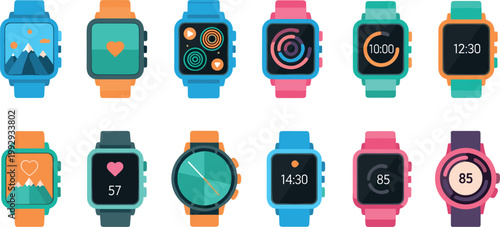 Colorful Flat Design Smart Watch Icon Set with Various App Screens and Display Faces for Technology and Wearable Device Designs