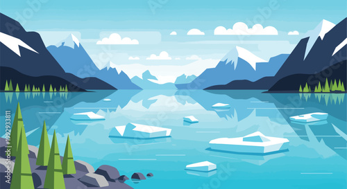 Flat Design Vector Illustration of Arctic Mountain Landscape with Glacial Lake and Floating Icebergs