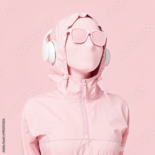 Conceptual surreal portrait of a faceless person in pink outfit with headphones and sunglasses on pink background, minimal future tech dj concept