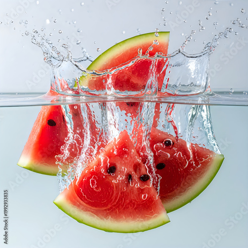 Vibrant watermelon slices splashing into clear water with dynamic movement