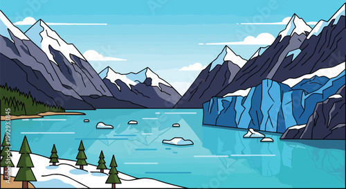 Flat Vector Illustration of Scenic Glacier Landscape with Snow-Capped Mountains Icebergs and Alpine Lake in Arctic Region