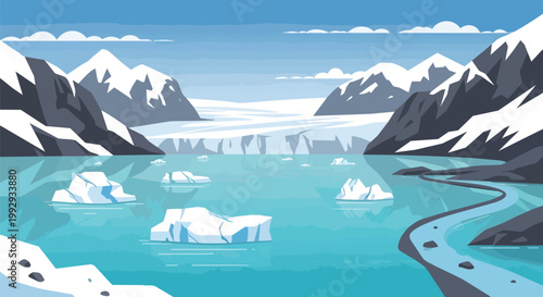 Flat vector illustration of an arctic glacier landscape with icebergs floating in blue water and snow capped mountains