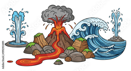 Colorful natural phenomena depicting a fiery volcano eruption, majestic ocean wave, and impressive geysers perfect for learning activities