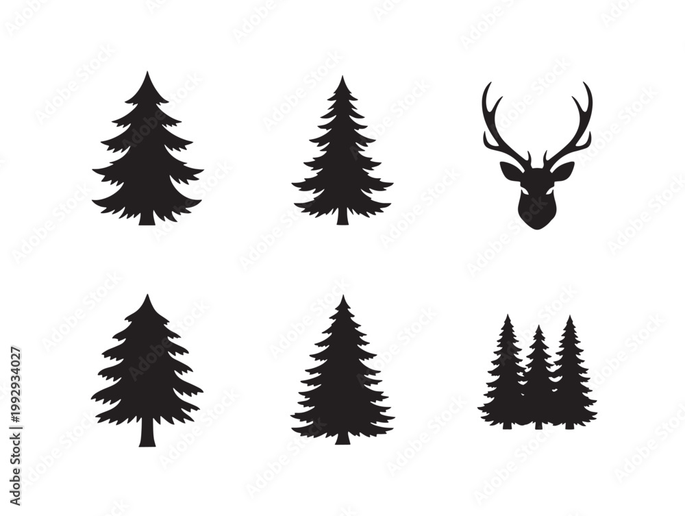 Fototapeta premium Black forest deer and pine trees vector illustration with silhouette style