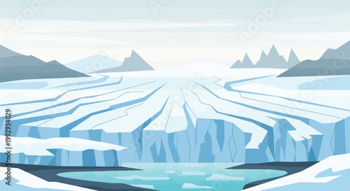 Majestic Arctic Glacier Landscape with Deep Blue Ice Crevasses and Snowy Mountains Vector Illustration