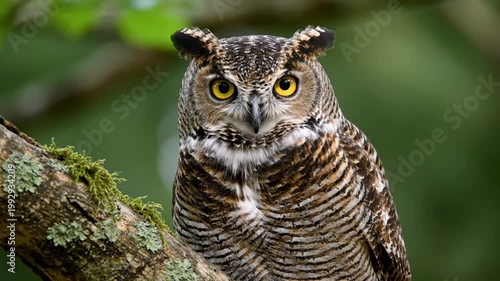 A regal owl, poised with intense gaze, perches on a mossy branch amidst a blurred green background