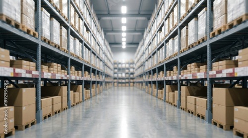 Modern warehouse interior with organized inventory on metal shelving racks and cardboard boxes on wooden pallets in distribution center with bright overhead lighting