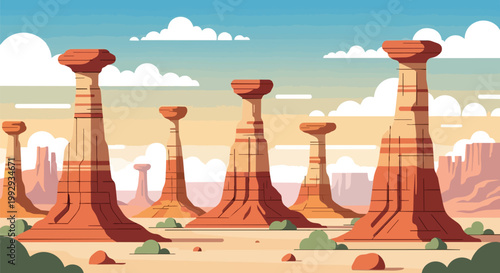 Flat Vector Illustration of Desert Landscape with Red Sandstone Hoodoos and Rock Formations under a Blue Cloudy Sky