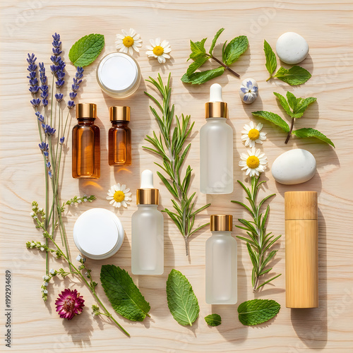 Natural skincare products with herbs and flowers on wooden surface