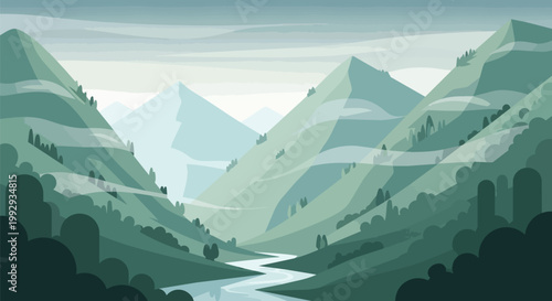 Minimalist Mountain Landscape Illustration with Winding River and Green Slopes in Misty Valley