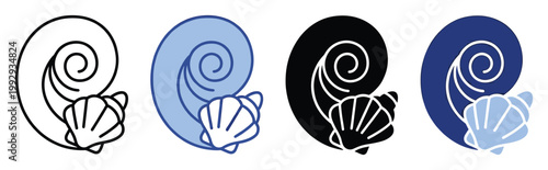 Stylized seashell symbols with spiral and scallop shapes for marine themed branding and summer graphics