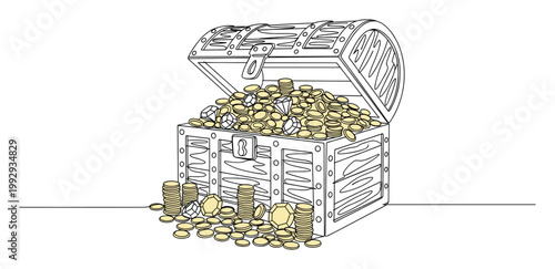 Open treasure chest overflowing with gold coins and glittering jewels symbolizing abundant wealth, fortune, and prosperity.