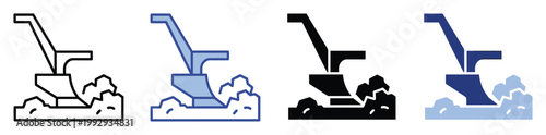 Gardening hand plow cultivating fresh soil flat line and glyph style icons for agricultural projects and garden applications