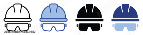 Industrial safety helmet and eyewear icon set for representing head and eye protection requirements