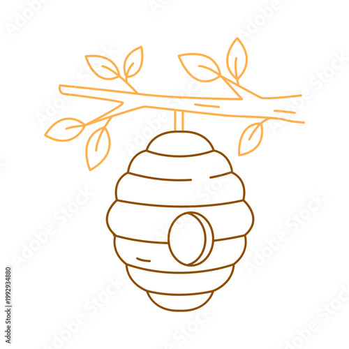 Line Art Illustration of a Beehive Hanging on a Tree Branch
