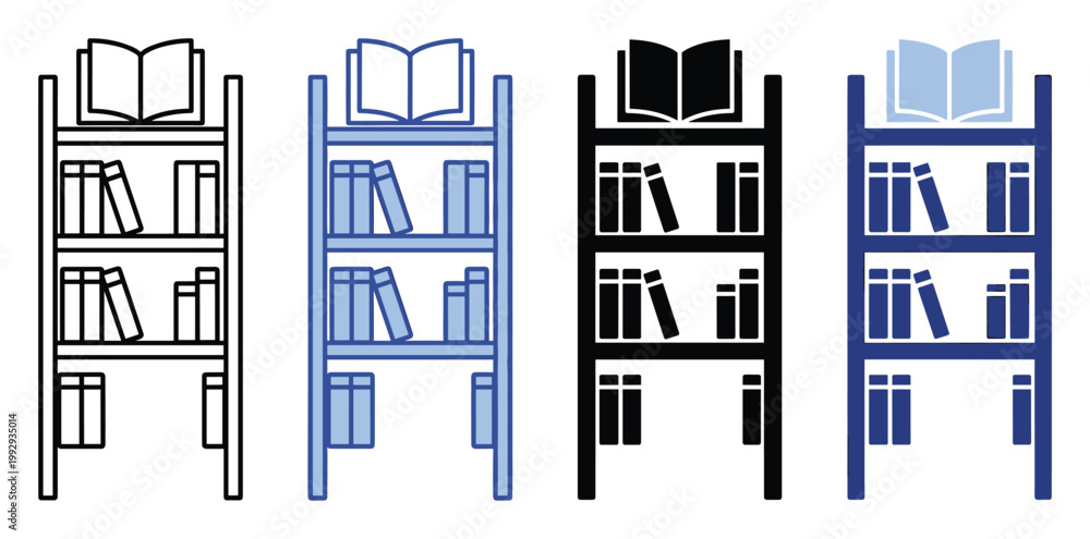 Naklejka premium Simple bookshelf with various books icon set for educational resources and library related applications
