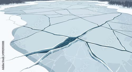Cracked Ice Surface on Frozen Winter Lake Vector Illustration