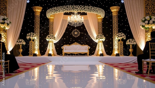 Bangladesh wedding stage decoration with black and gold luxury theme