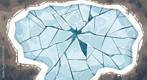 Top Down Aerial Illustration of a Frozen Lake with Cracked Blue Ice and Winter Forest Surroundings