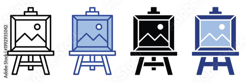 Easel with framed landscape picture icon set for creative app interfaces and artist portfolio displays