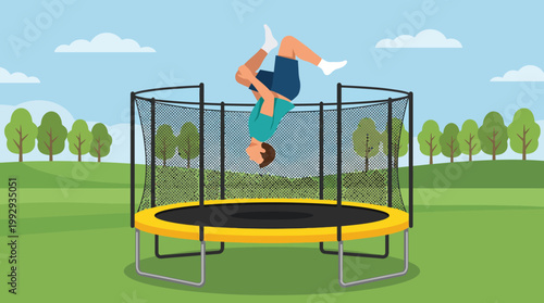 Boy doing flips on a trampoline outdoors.