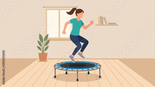 Woman exercising on mini trampoline indoors.