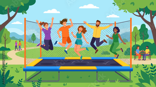 Children jumping on trampoline in park.