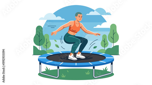 Woman jumping on a trampoline outdoors.