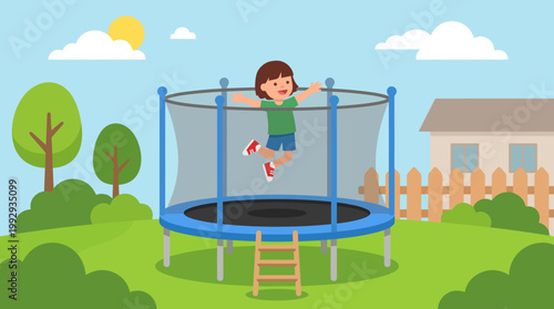 A young boy playing on a trampoline.