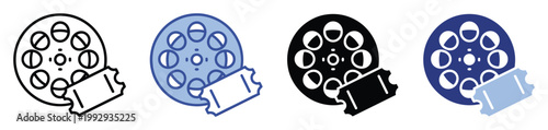 Film reel with cinema ticket icon for movie entertainment, showtime bookings, and digital media applications.