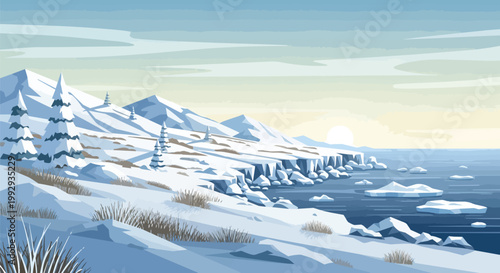Snowy Arctic Landscape Illustration with Frozen Ocean Icebergs Mountains and Sunset Sky - Winter Nature Background